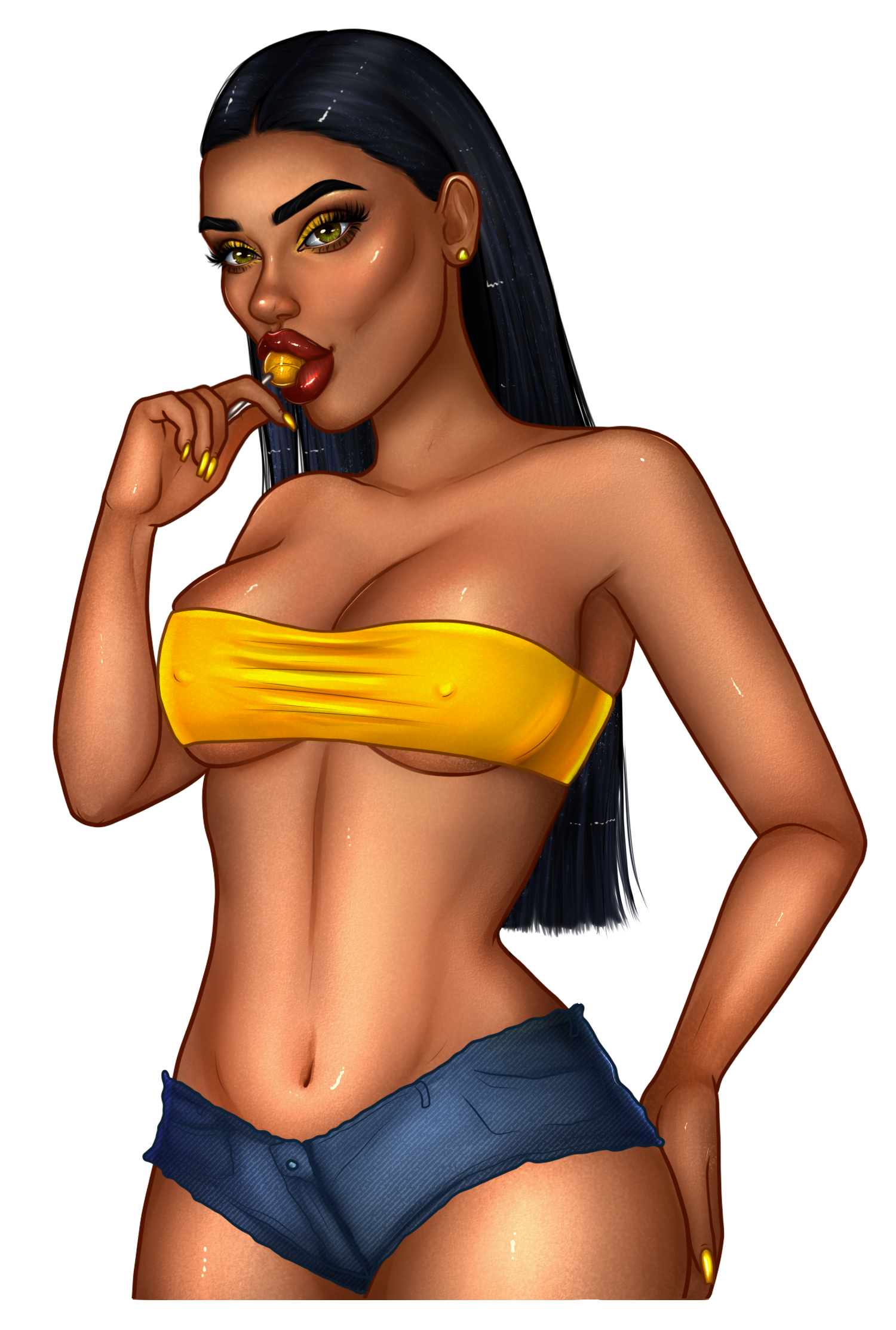 7 Black hair yellow tube top